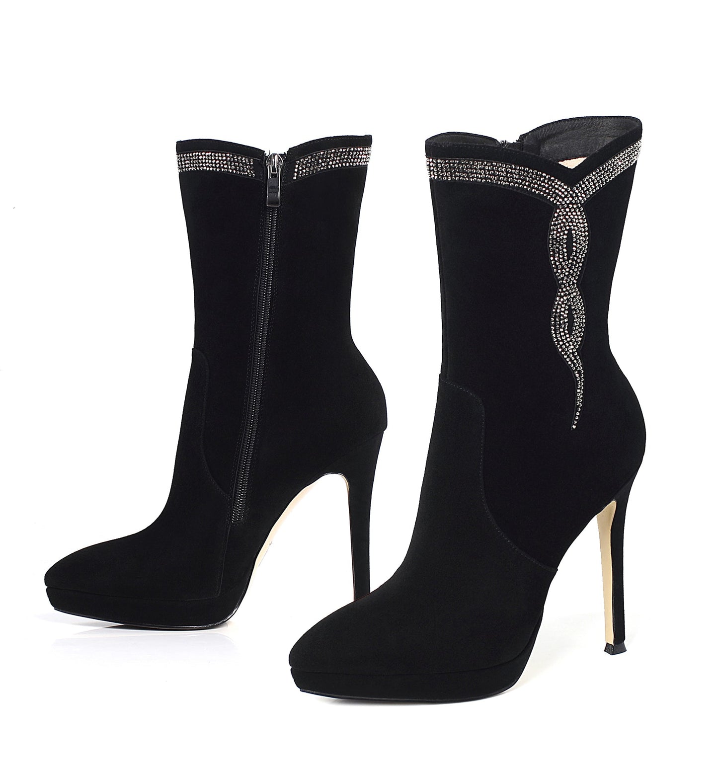 Nine Seven Women's Handmade Leather Glitter Pattern Decor Pointed Toe Spikes-Stiletto High Heel Platform Side Zip Up Sexy Mid-Calf Boots