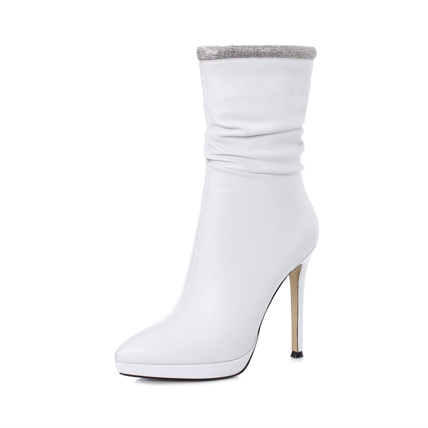 Nine Seven Women's Handmade Leather Spikes-Stiletto High Heel Platform Pointed Toe Side Zip Up Glitter Mid-Calf Boots