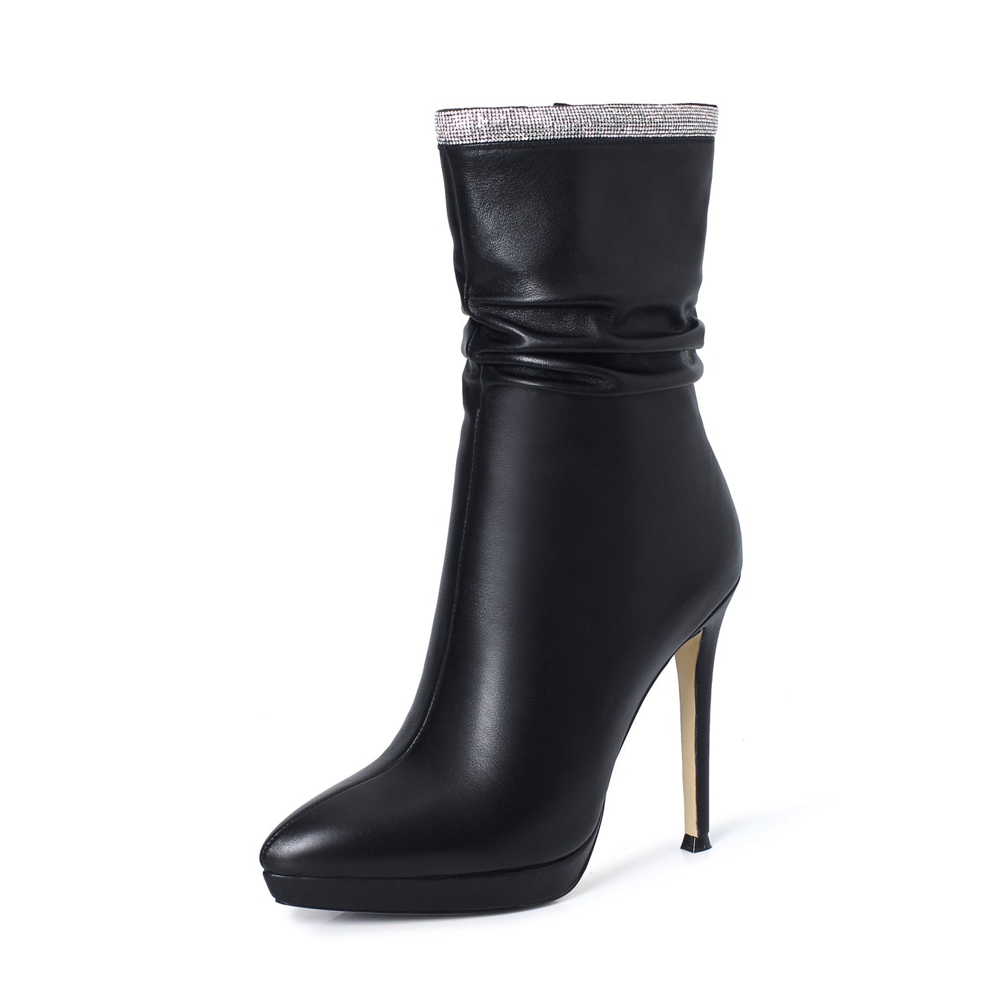 Nine Seven Women's Handmade Leather Spikes-Stiletto High Heel Platform Pointed Toe Side Zip Up Glitter Mid-Calf Boots