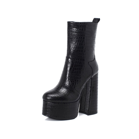 Nine Seven Women's Handmade Genuine/Suede Leather Round Toe Supper High Chunky Heel Side Zip Up Stylish Black Calf High Boots with Platform