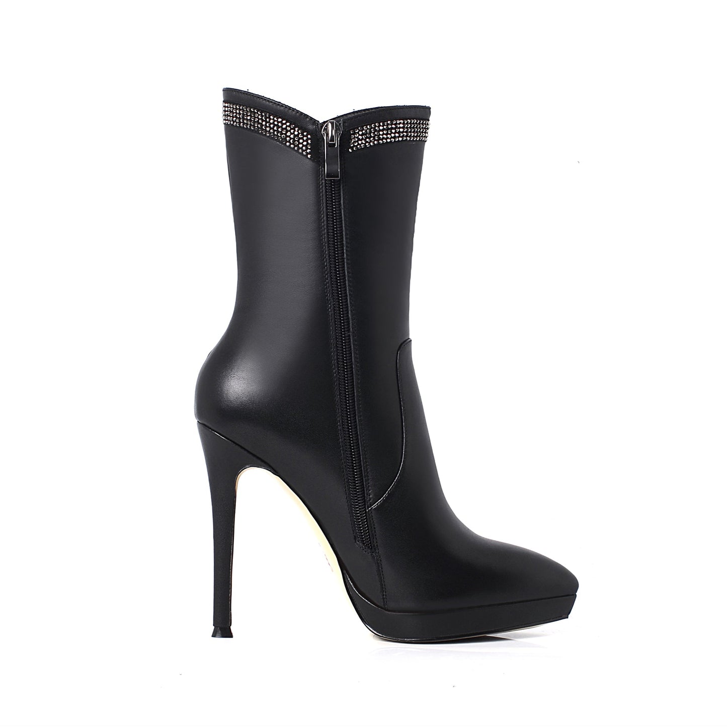 Nine Seven Women's Handmade Leather Glitter Pattern Decor Pointed Toe Spikes-Stiletto High Heel Platform Side Zip Up Sexy Mid-Calf Boots