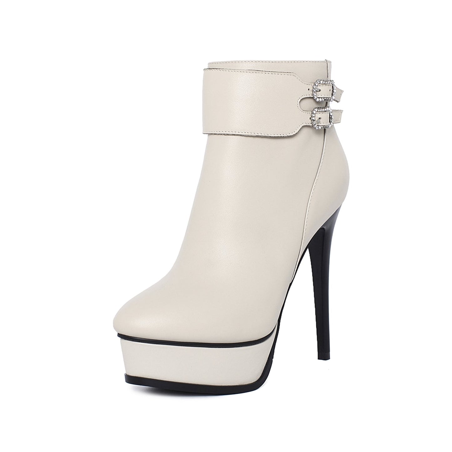 Nine Seven Women's Leather Handmade Spikes-Stiletto Heel Side Zip Up Platform Pointed Toe Ankle Boots with Buckles Decor