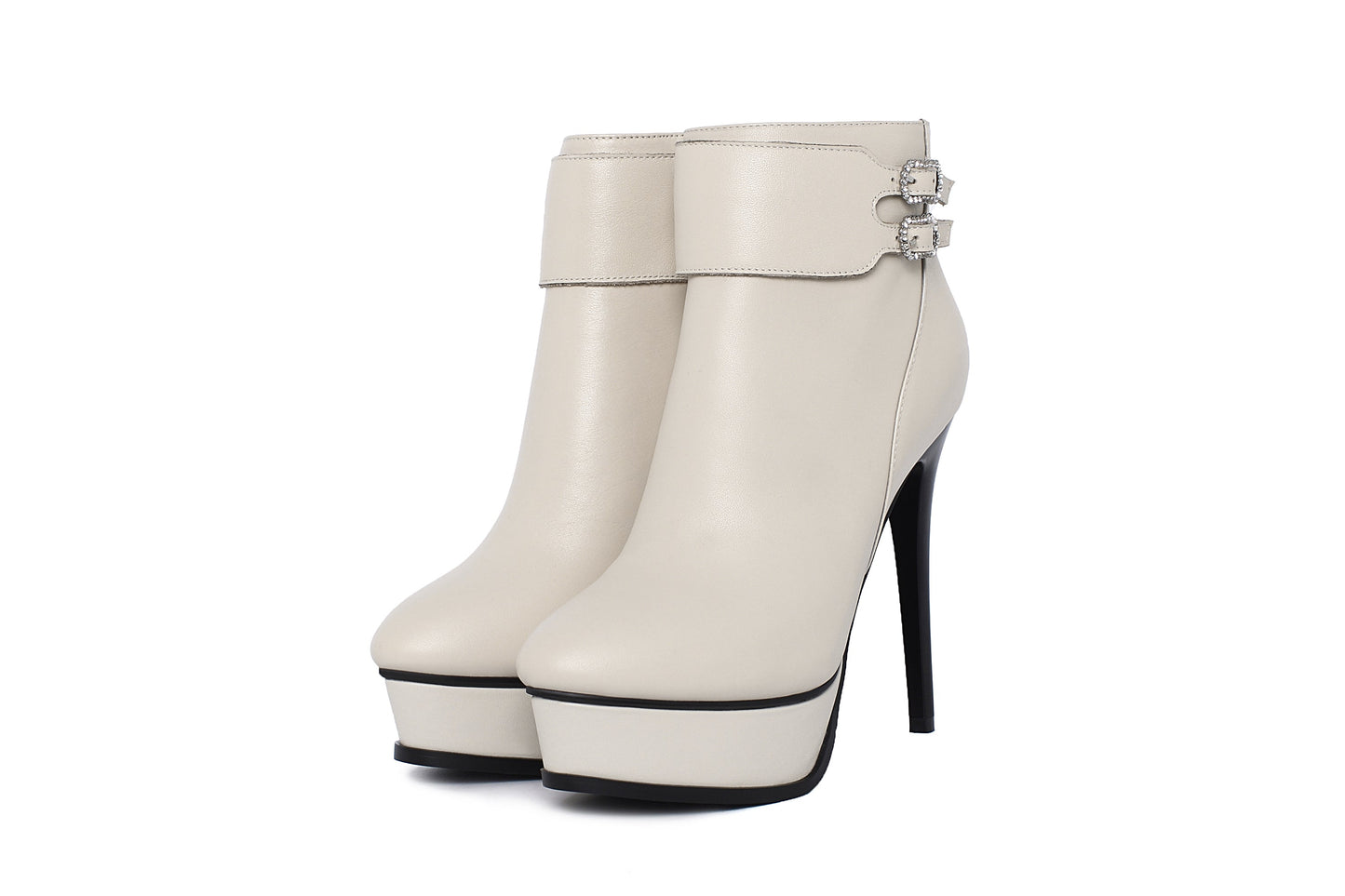 Nine Seven Women's Leather Handmade Spikes-Stiletto Heel Side Zip Up Platform Pointed Toe Ankle Boots with Buckles Decor