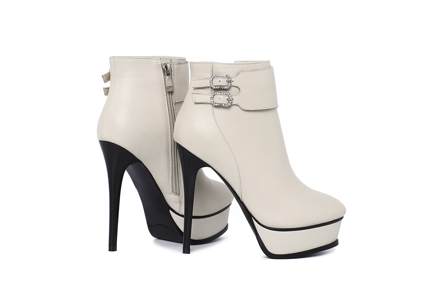 Nine Seven Women's Leather Handmade Spikes-Stiletto Heel Side Zip Up Platform Pointed Toe Ankle Boots with Buckles Decor