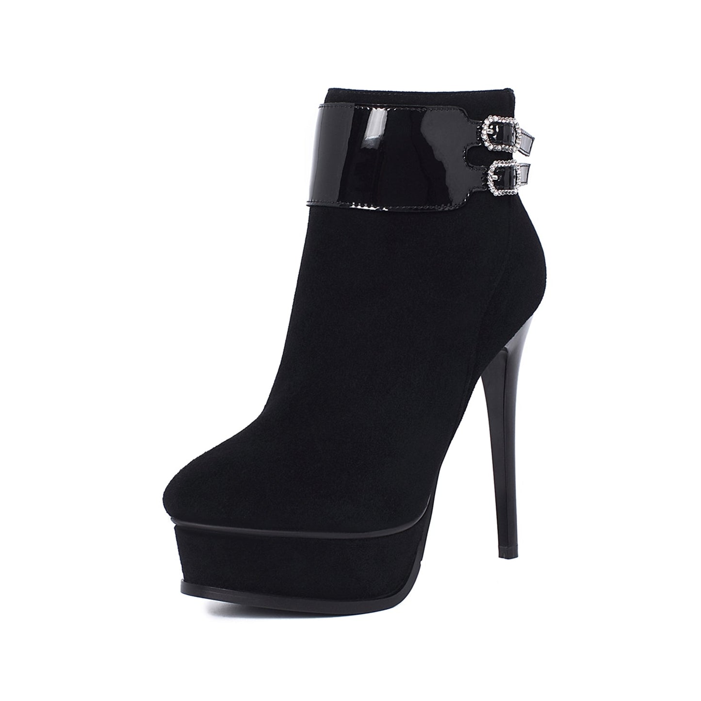 Nine Seven Women's Leather Handmade Spikes-Stiletto Heel Side Zip Up Platform Pointed Toe Ankle Boots with Buckles Decor