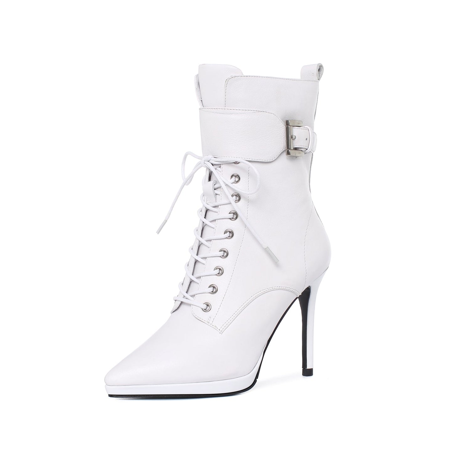 Nine SevenWomen's Genuine Leather Handmade Comfortable Stiletto High Heel Pointed Toe Zip Up Mid-Calf Boots with Buckle and Band