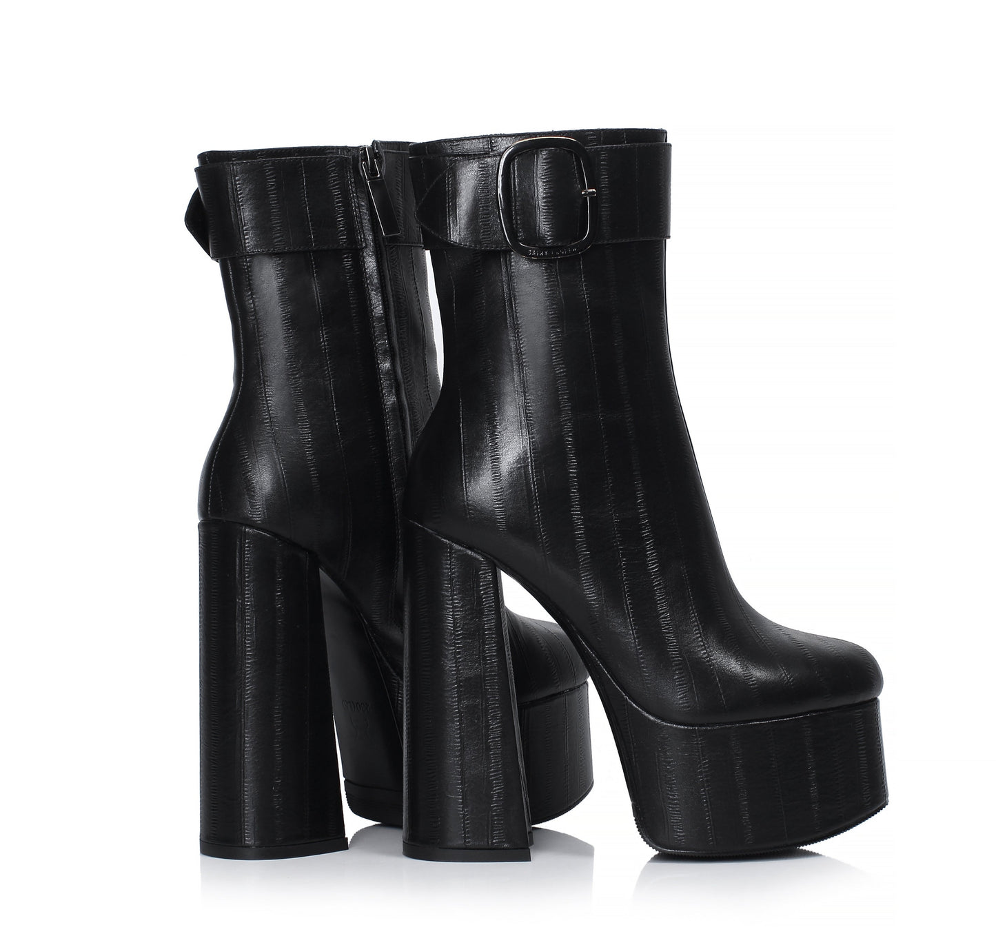 Nine Seven Women's Handmade Genuine Leather Round Toe Side Zip Up Sexy Supper High Chunky Heel Cool Buckle Black Calf High Boots with Platform