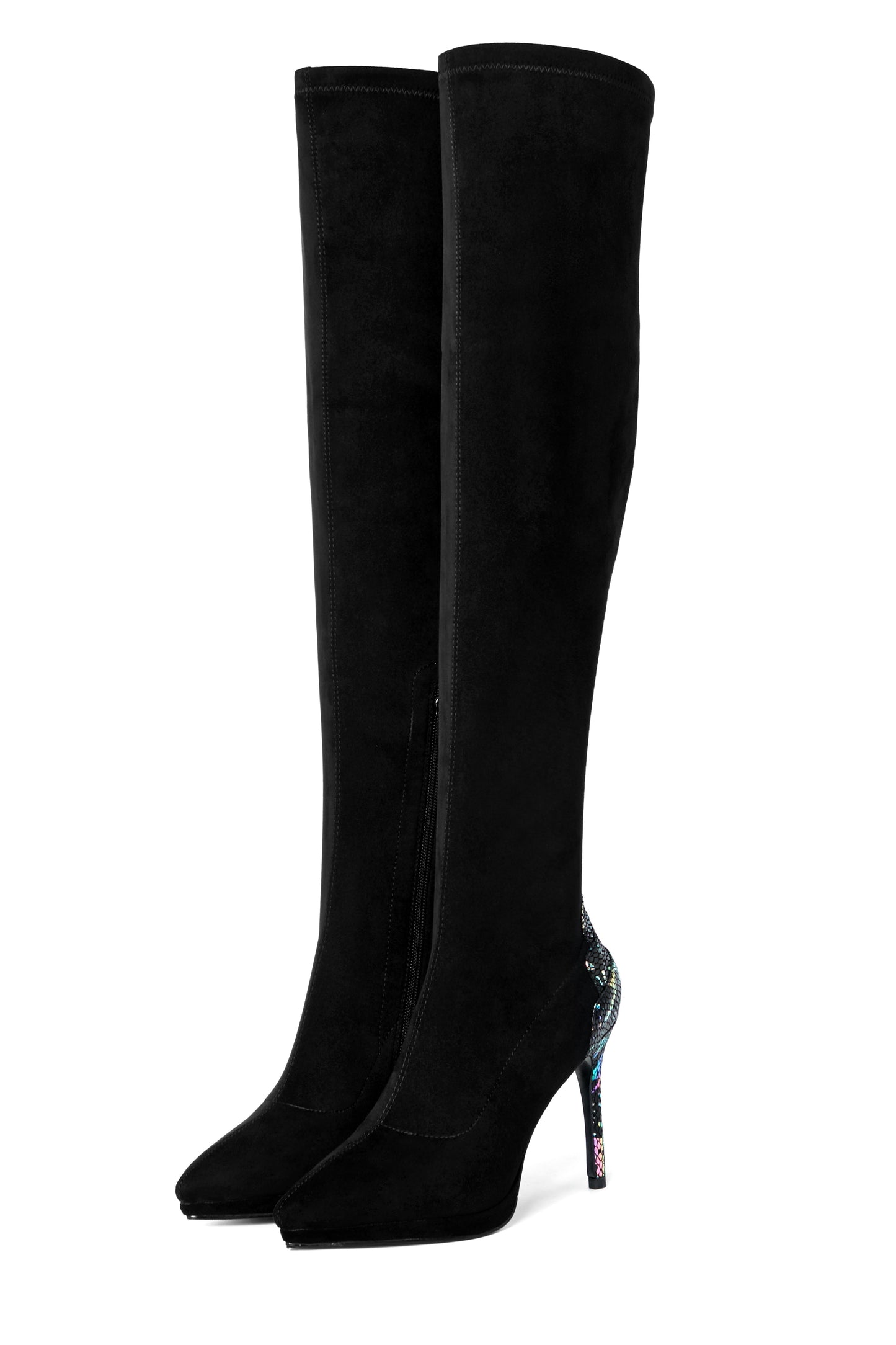 Nine Seven Women's Handmade Suede Leather Pointed Toe Sexy Stiletto High Heel Stretch Half Zip Black Over the Knee High Boots with Colorful Sequin