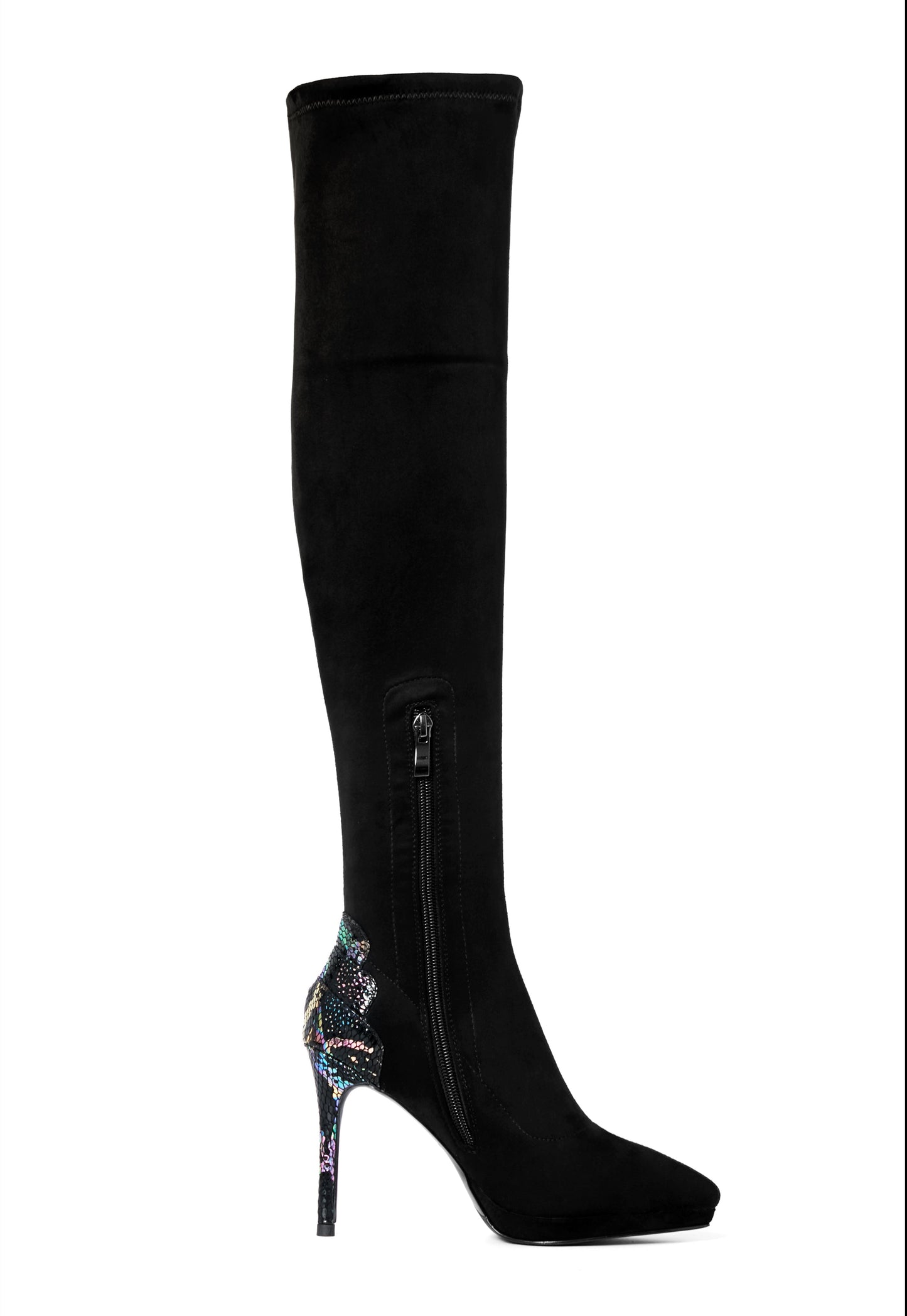Nine Seven Women's Handmade Suede Leather Pointed Toe Sexy Stiletto High Heel Stretch Half Zip Black Over the Knee High Boots with Colorful Sequin