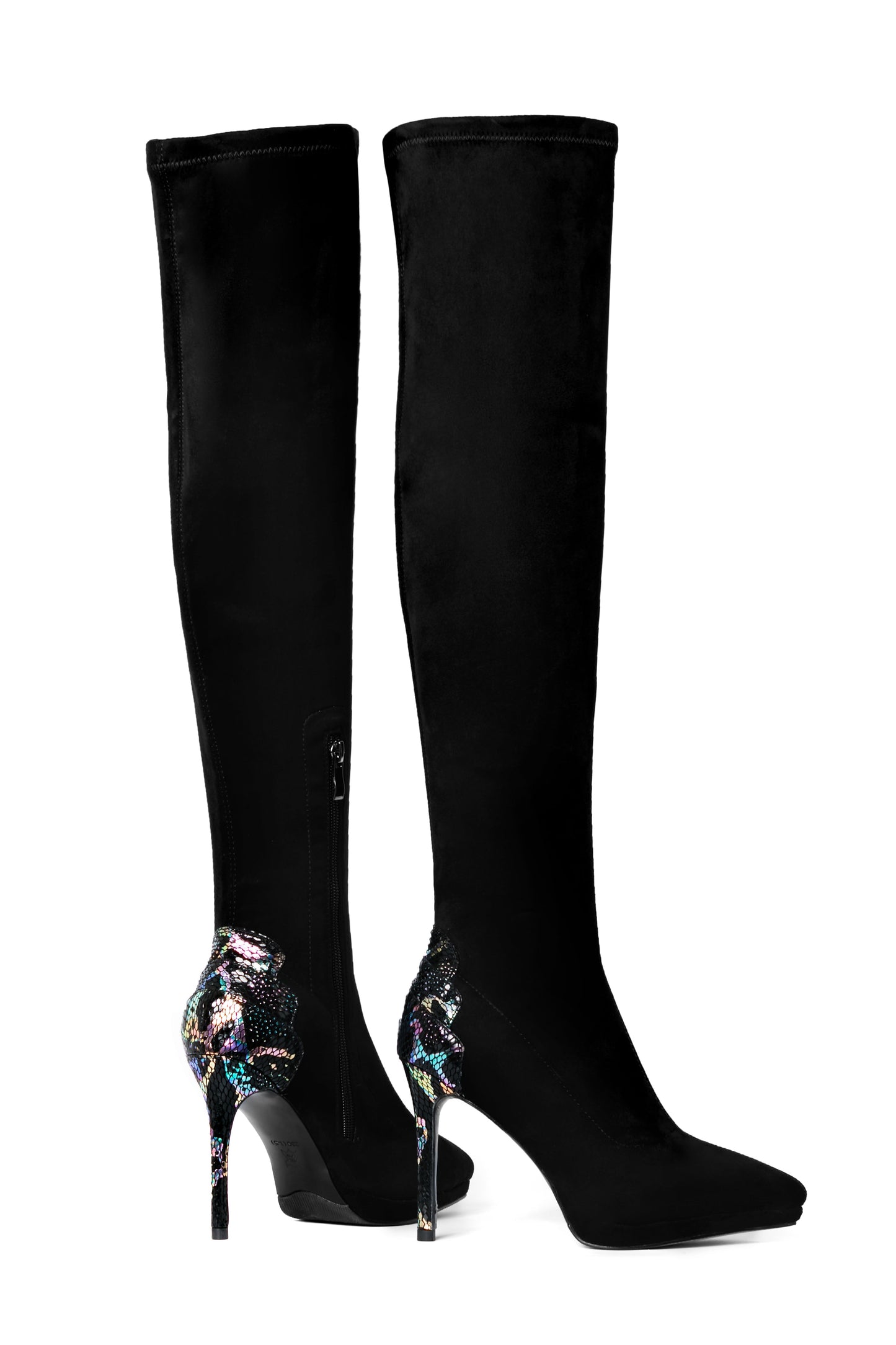 Nine Seven Women's Handmade Suede Leather Pointed Toe Sexy Stiletto High Heel Stretch Half Zip Black Over the Knee High Boots with Colorful Sequin