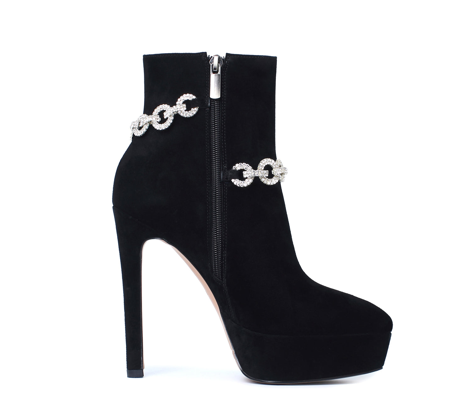 Nine Seven Suede Leather Handmade Women's Sexy Stiletto Heel Side Zip Up Platform Glitter Rhinestones Decor Sexy Ankle Booties