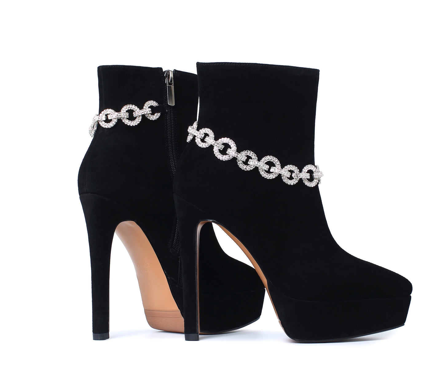 Nine Seven Suede Leather Handmade Women's Sexy Stiletto Heel Side Zip Up Platform Glitter Rhinestones Decor Sexy Ankle Booties