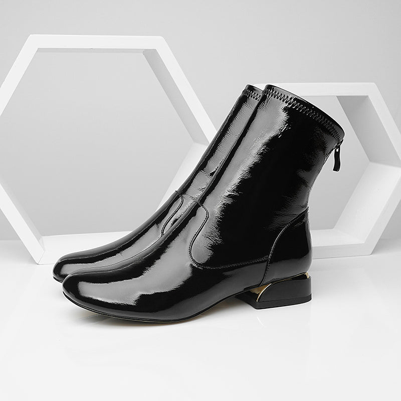 Nine Seven Women's Handmade Patent Leather Round Toe Comfort Flat Stylish Back Zipper Ankle Boots