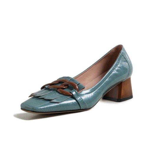 Nine Seven Women's Genuine Leather Square Handmade Tassels Chunky Heel Retro Loafers Shoes with Chain Decor