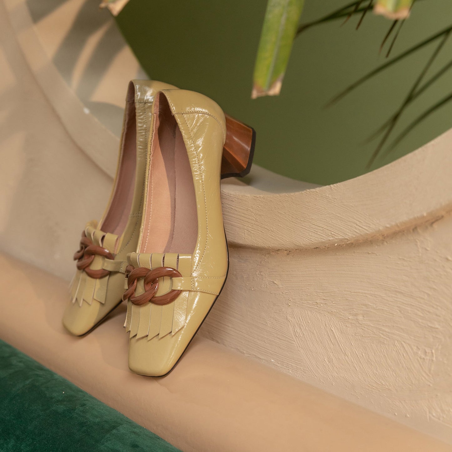 Nine Seven Women's Genuine Leather Square Handmade Tassels Chunky Heel Retro Loafers Shoes with Chain Decor