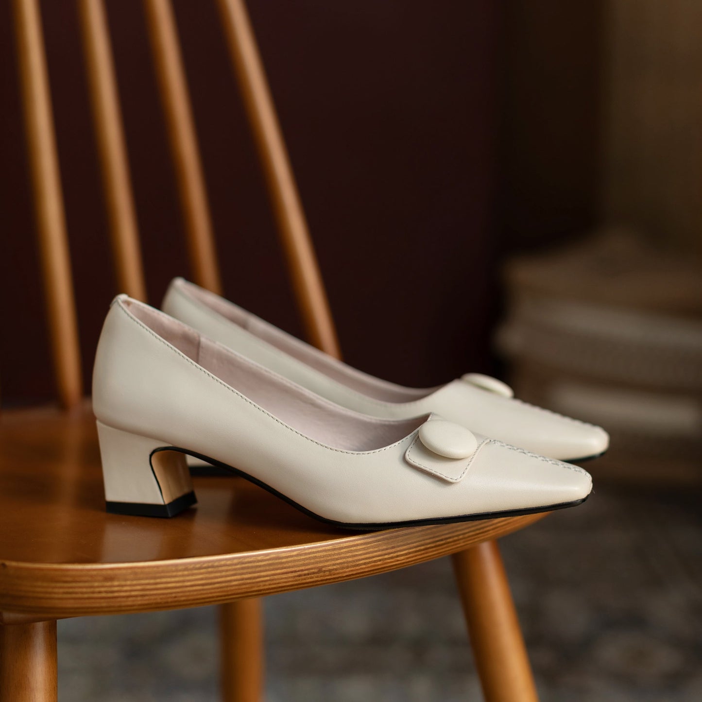 Nine Seven Genuine Leather Women's Handmade Square Toe Low Heel Button Graceful Pump Shoes