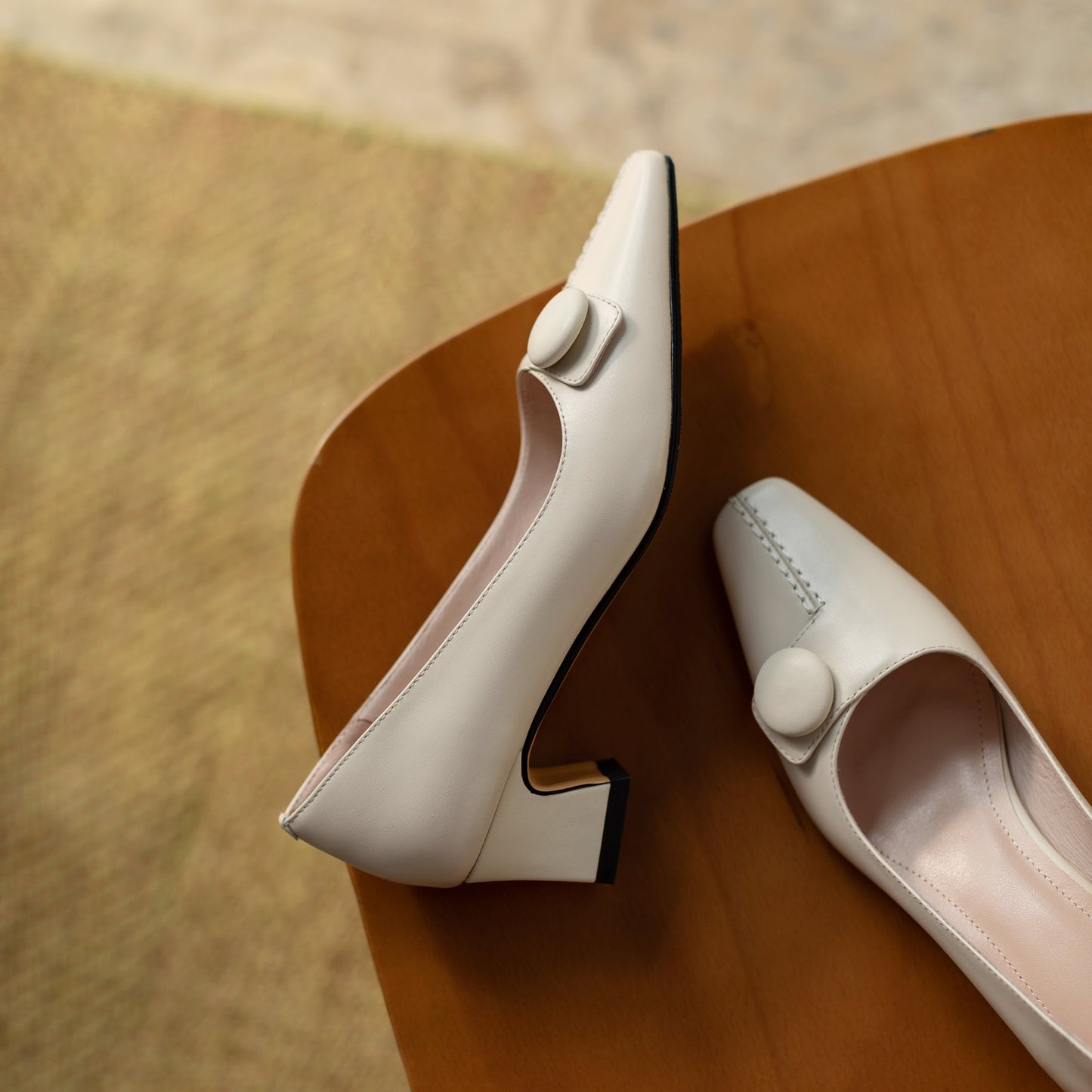 Nine Seven Genuine Leather Women's Handmade Square Toe Low Heel Button Graceful Pump Shoes