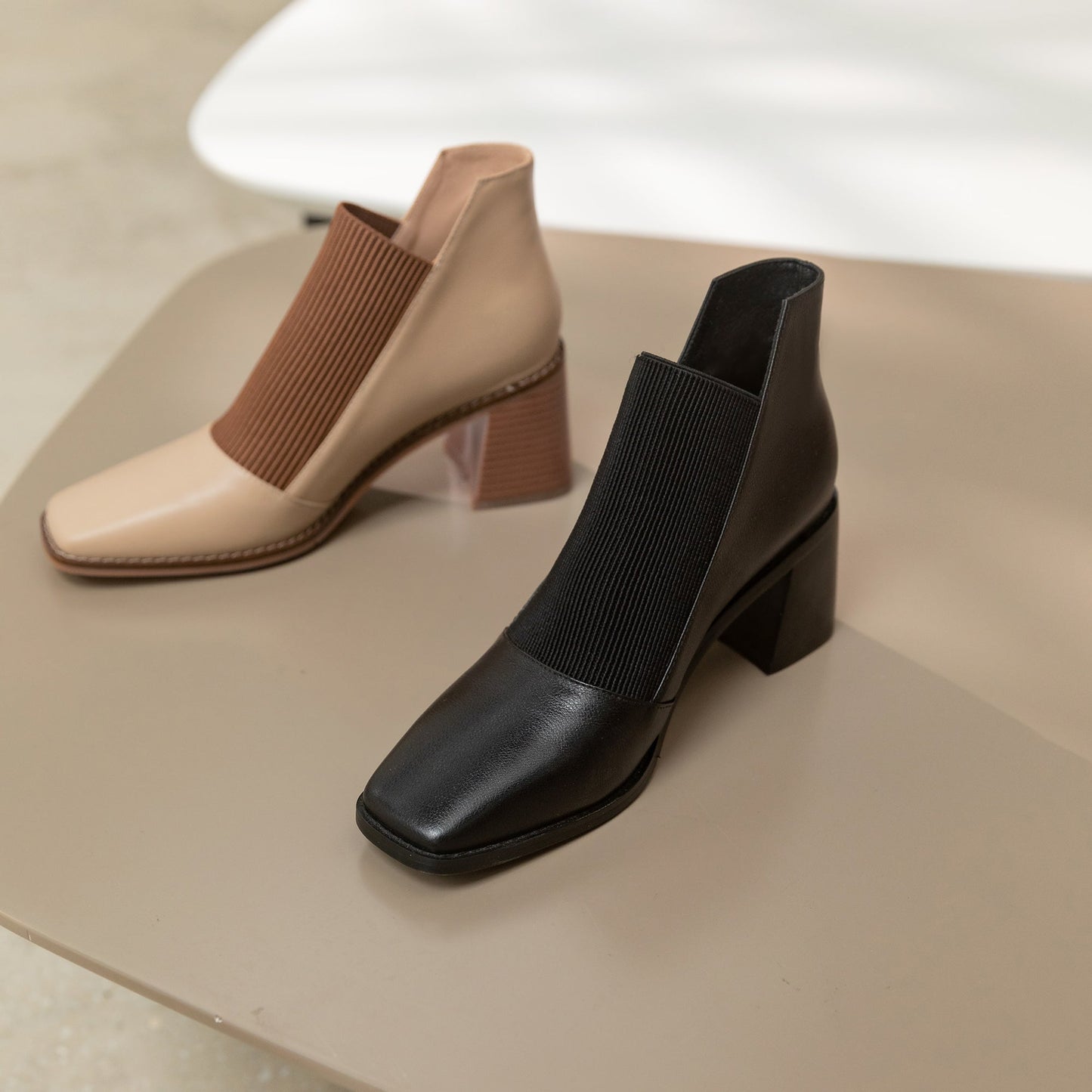 Nine Seven Women's Genuine Leather with Elastic Handmade Square Toe Mid Chunky Heels Casual Ankle Boots