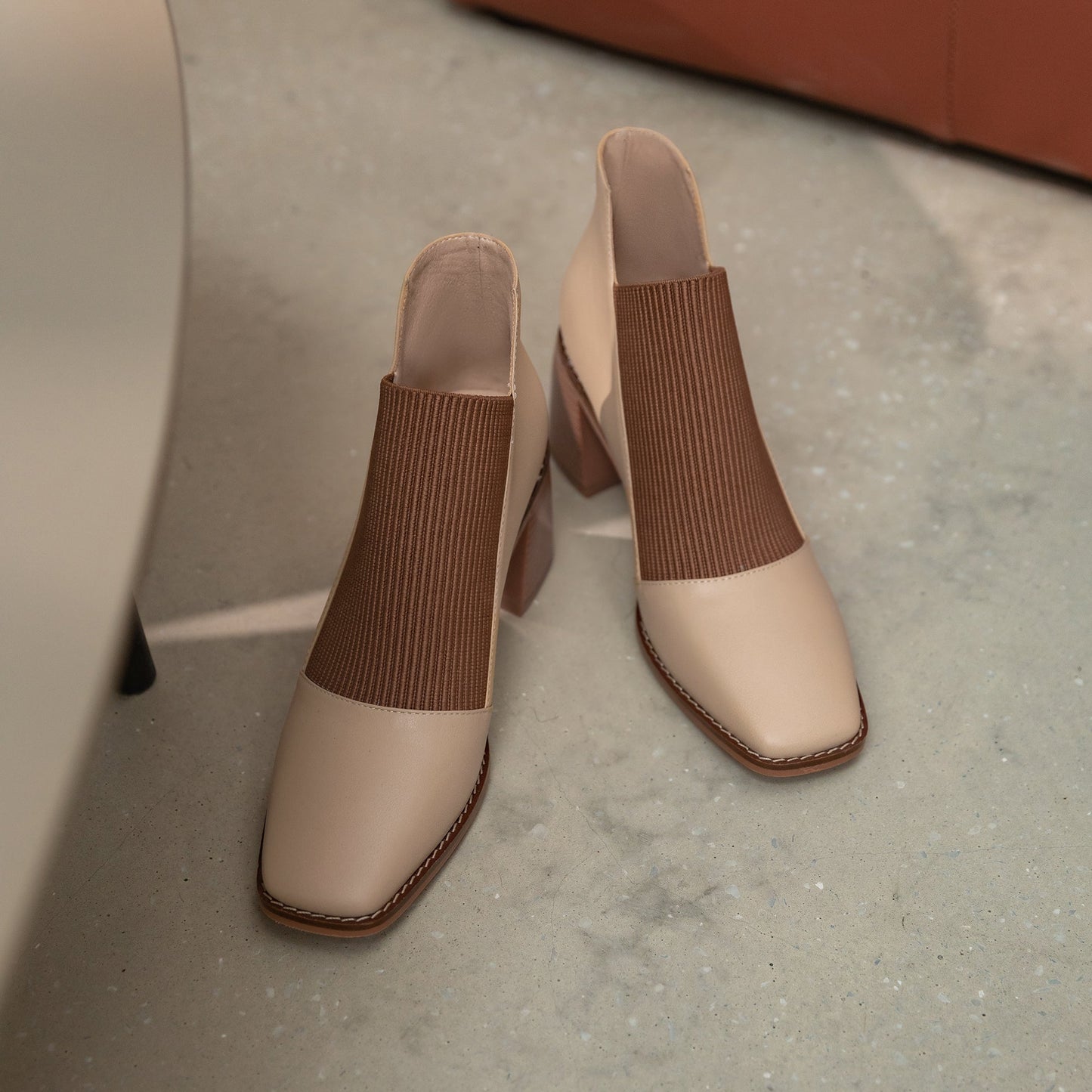 Nine Seven Women's Genuine Leather with Elastic Handmade Square Toe Mid Chunky Heels Casual Ankle Boots