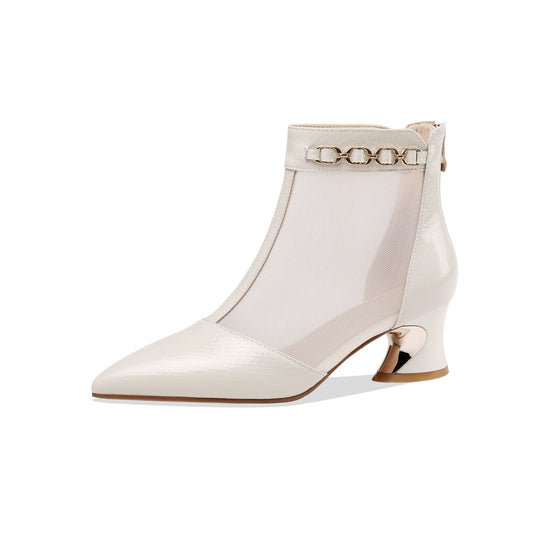 Nine Seven Genuine Leather and Mesh Women's Handmade Back Zip Pointed Toe Summer Ankle Boots