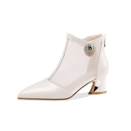 Nine Seven Women's Leather and Mesh Handmade Comfortable Spool Heel Back Zipper Pointy Toe Ankle Boots with Rhinestone and Crystal