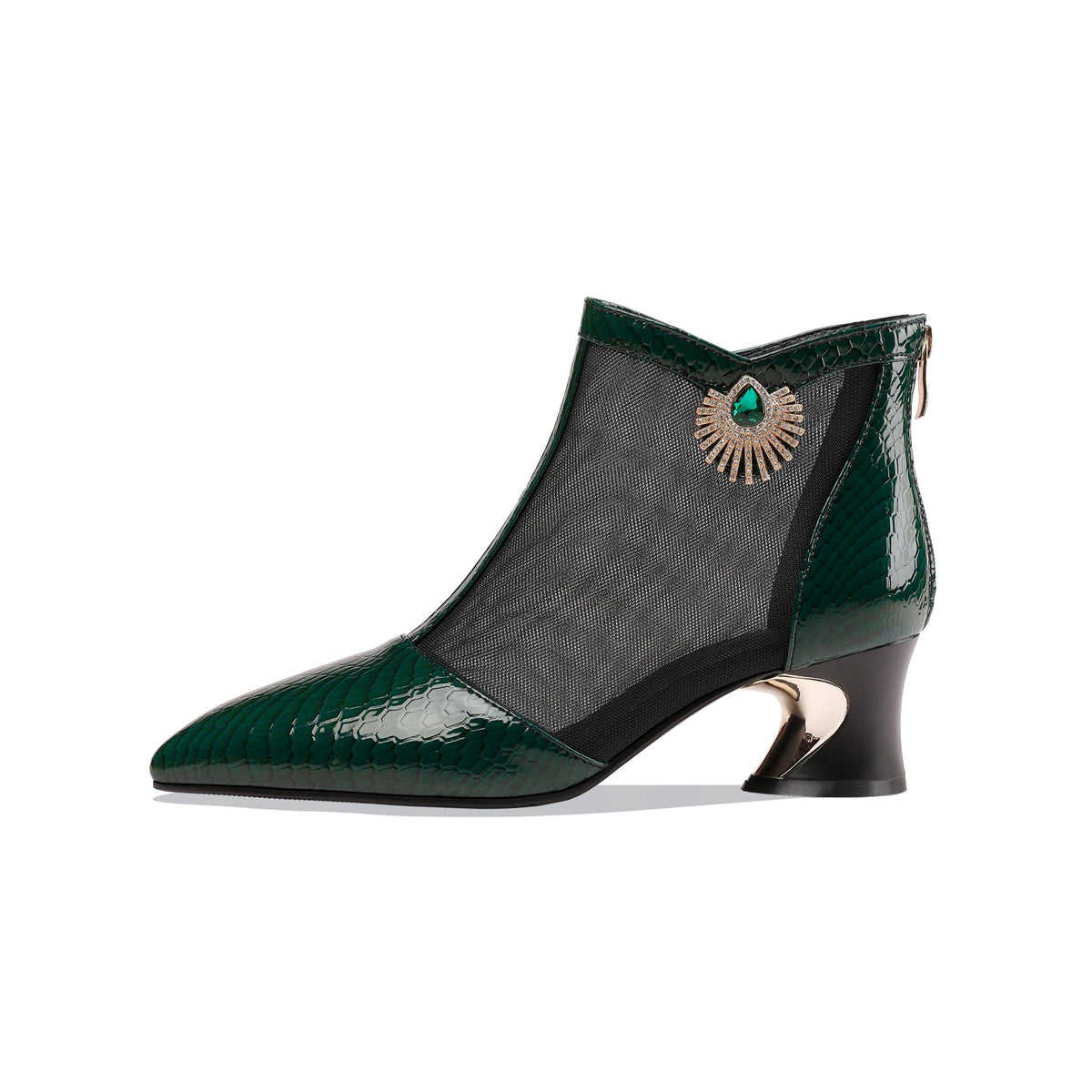 Nine Seven Women's Leather and Mesh Handmade Comfortable Spool Heel Back Zipper Pointy Toe Ankle Boots with Rhinestone and Crystal