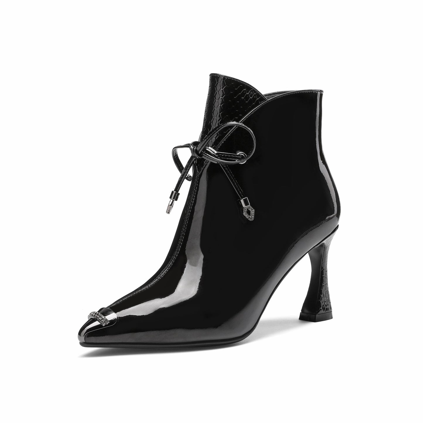 Nine Seven Women's Patent Leather Stylish Pointed-Toe Zip Up Stiletto High Heel Handmade Ankle Boots with Bowknot