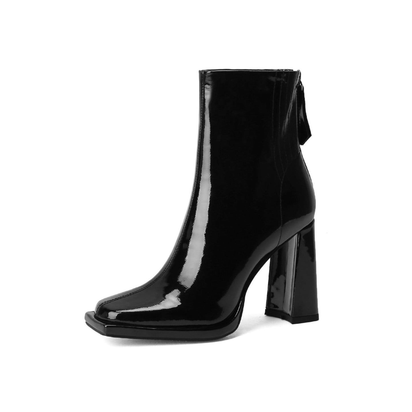 Nine Seven Women's Square Toe Patent Leather Handmade Back Zipper High Chunky Heels Chic Ankle Boots