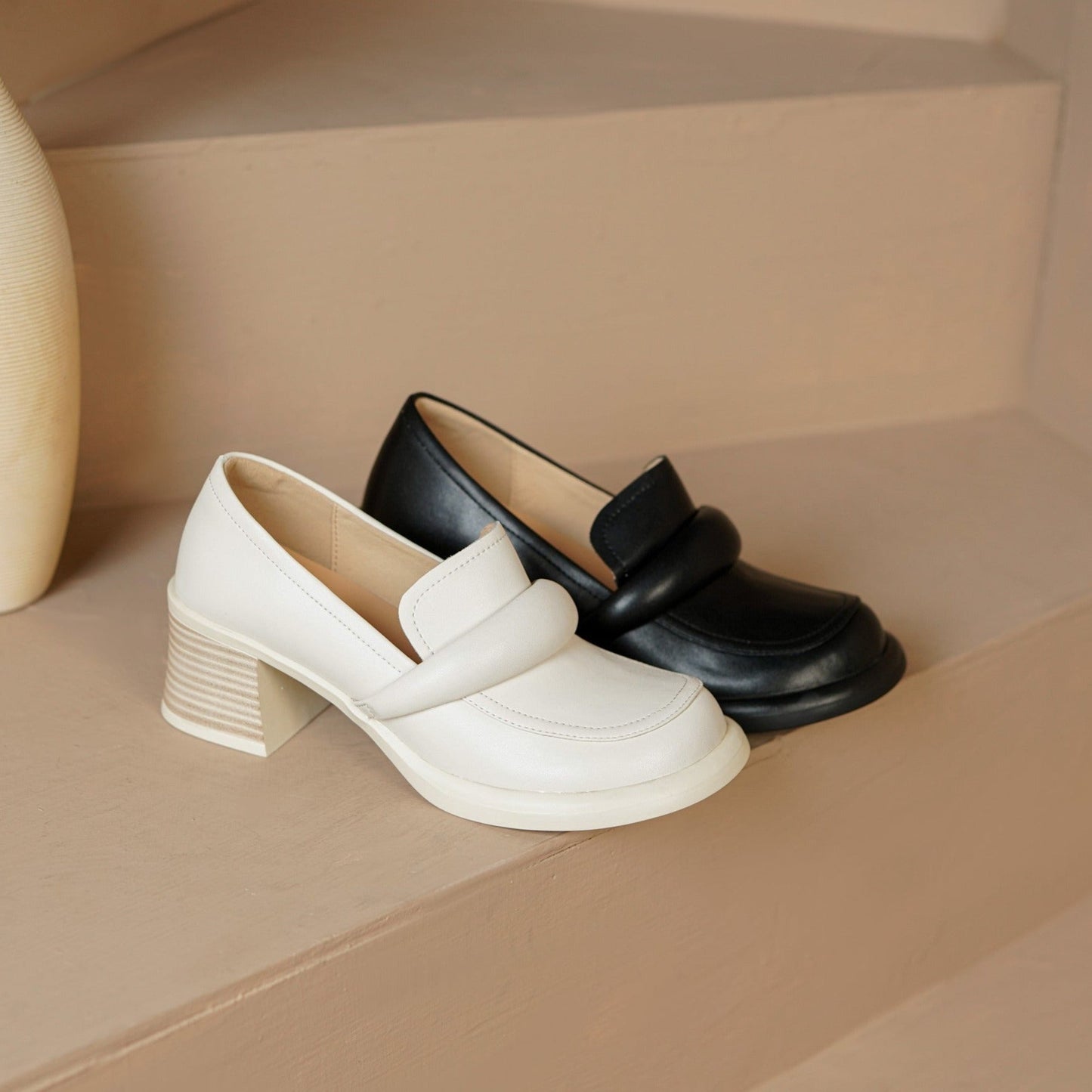 Nine Seven Handmade Women's Genuine Leather Slip On Round Toe Mid Chunky Heel Casual Loafer Pumps Shoes