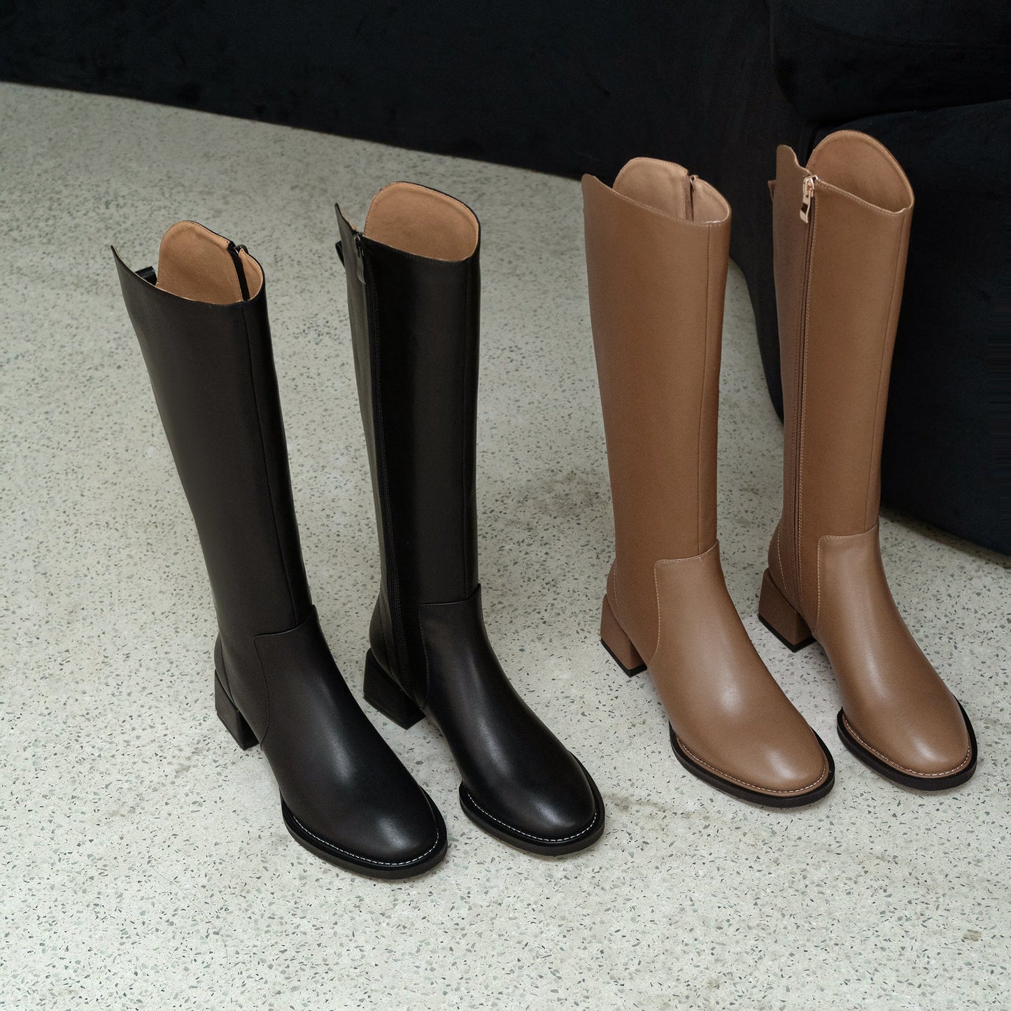 Nine Seven Women's Genuine Leather Handmade Block Heel Side Zip Up Round Toe Knee-High Riding Boots