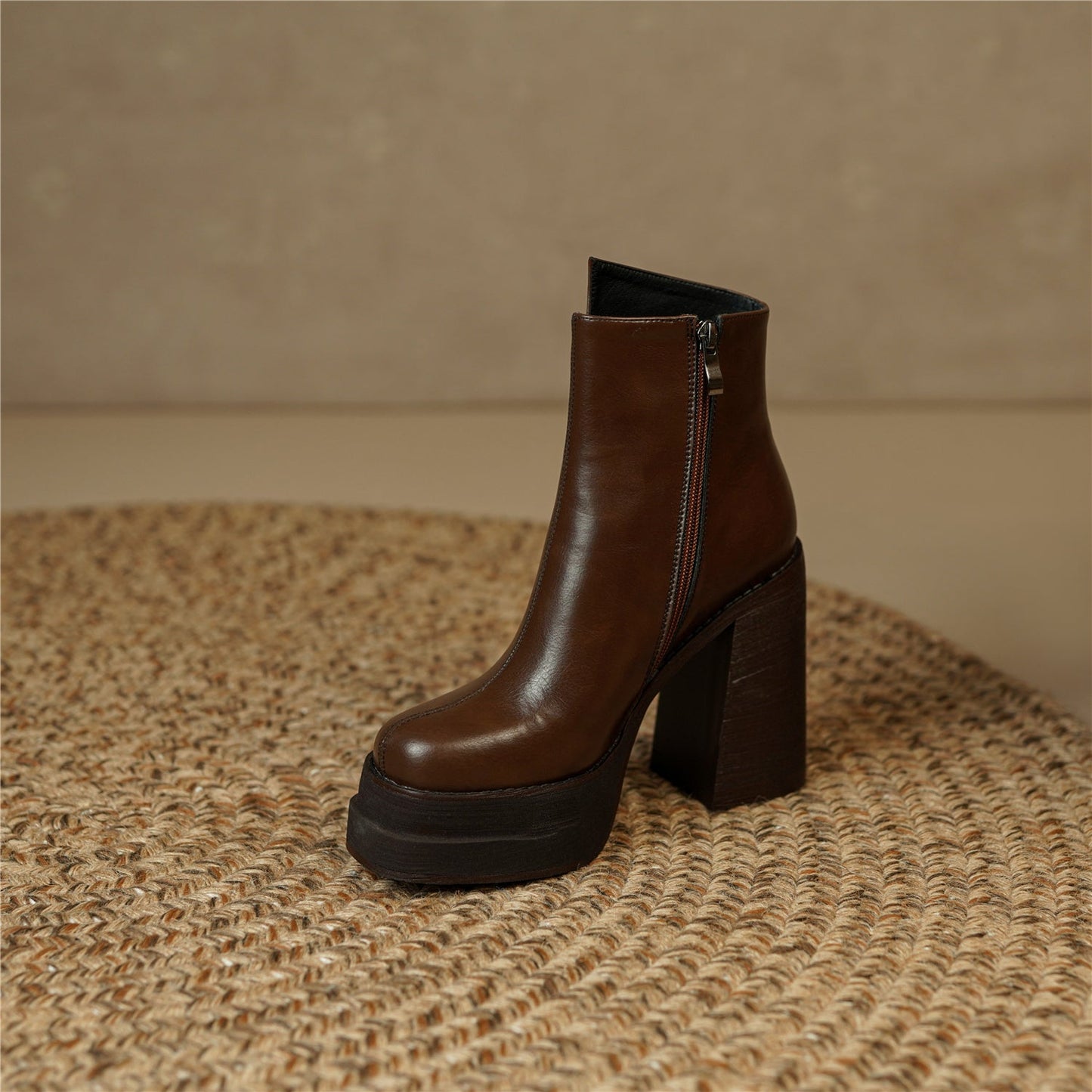 Nine Seven Handmade Women's Genuine Leather Stylish Side Zipper Platform Square Toe Mid High Heel Ankle Boots Shoes