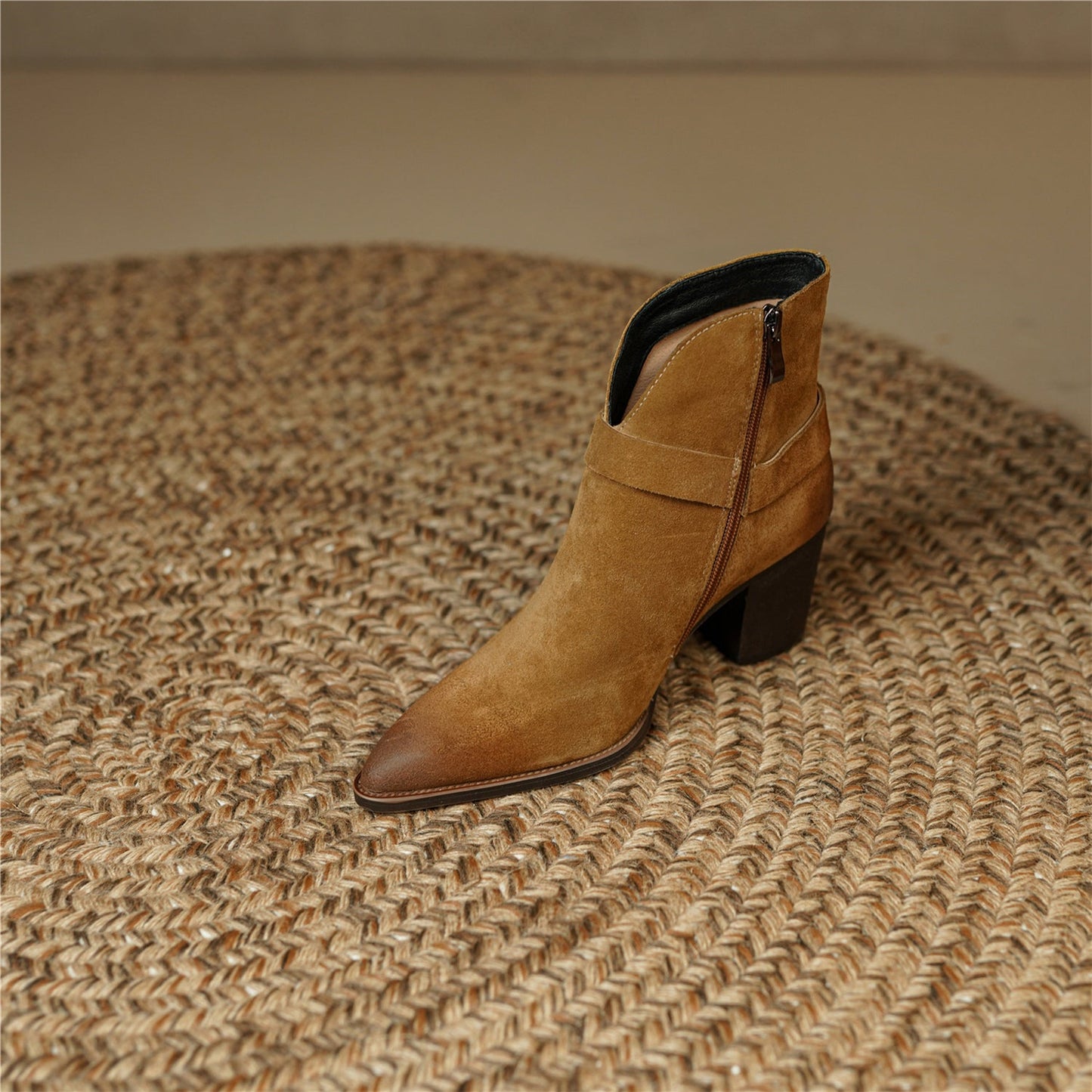 Nine Seven Handmade Women's Suede Leather Metal Buckle Pointed Toe Mid Chunky Heel Side Zipper Ankle Boots