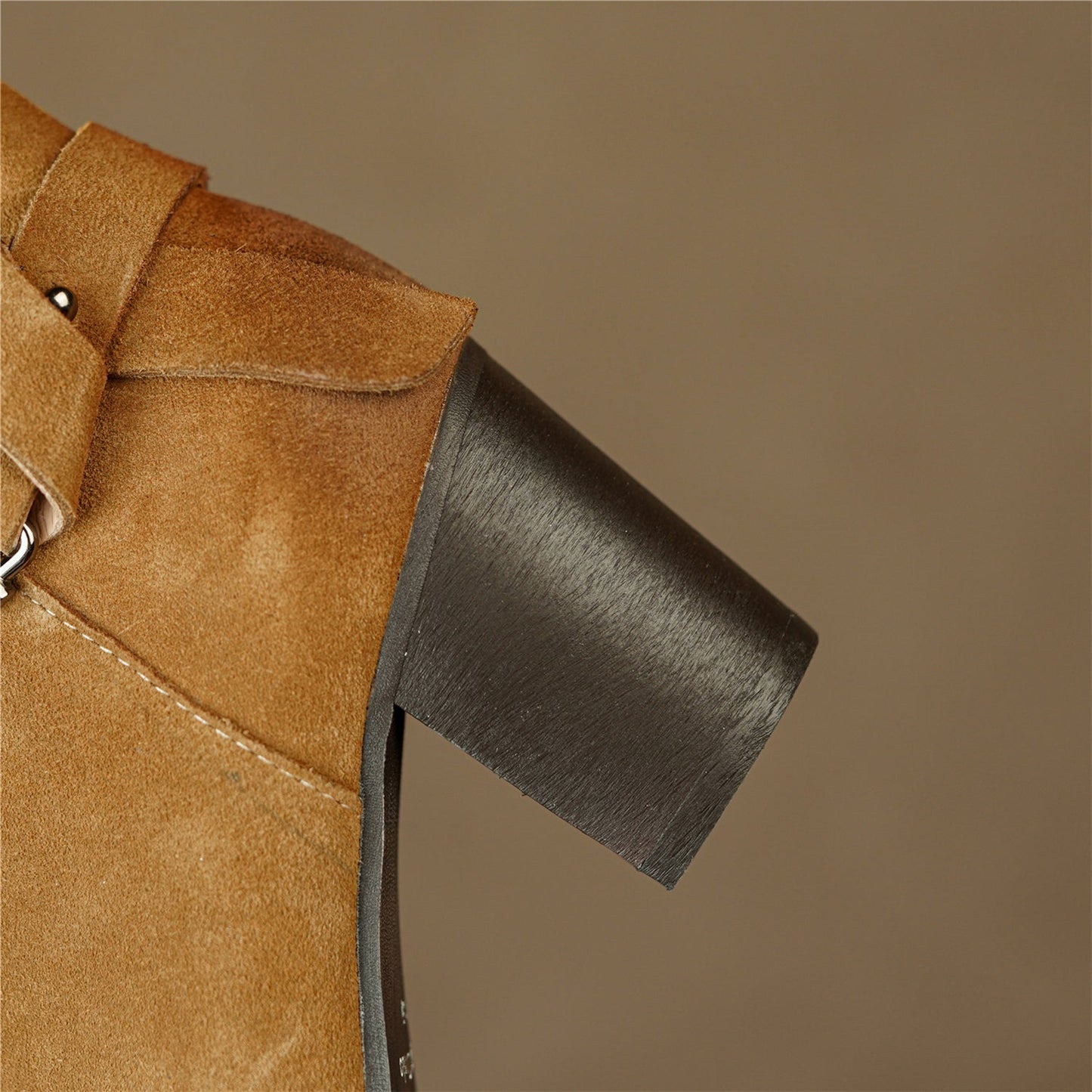 Nine Seven Handmade Women's Suede Leather Metal Buckle Pointed Toe Mid Chunky Heel Side Zipper Ankle Boots