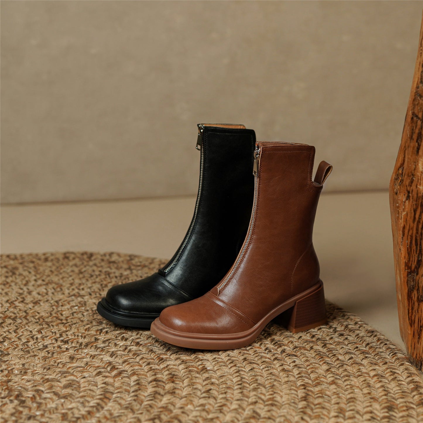 Nine Seven Handmade Women's Genuine Leather Front Zipper Square Toe Mid Chunky Heel Ankle Boots Shoes