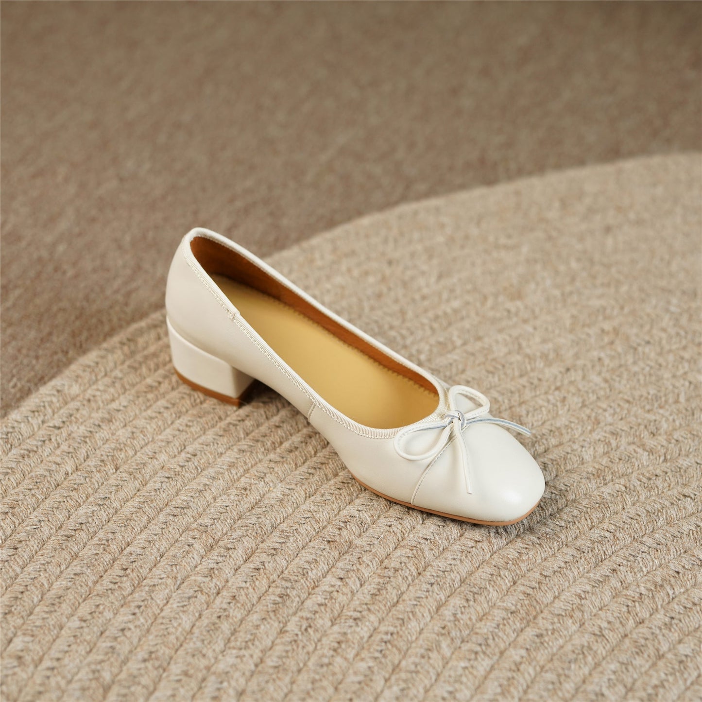 Nine Seven Women's Genuine Leather Handmade Cute Bow Knot Slip On Round Toe Low Chunky Heel Ballet Pumps