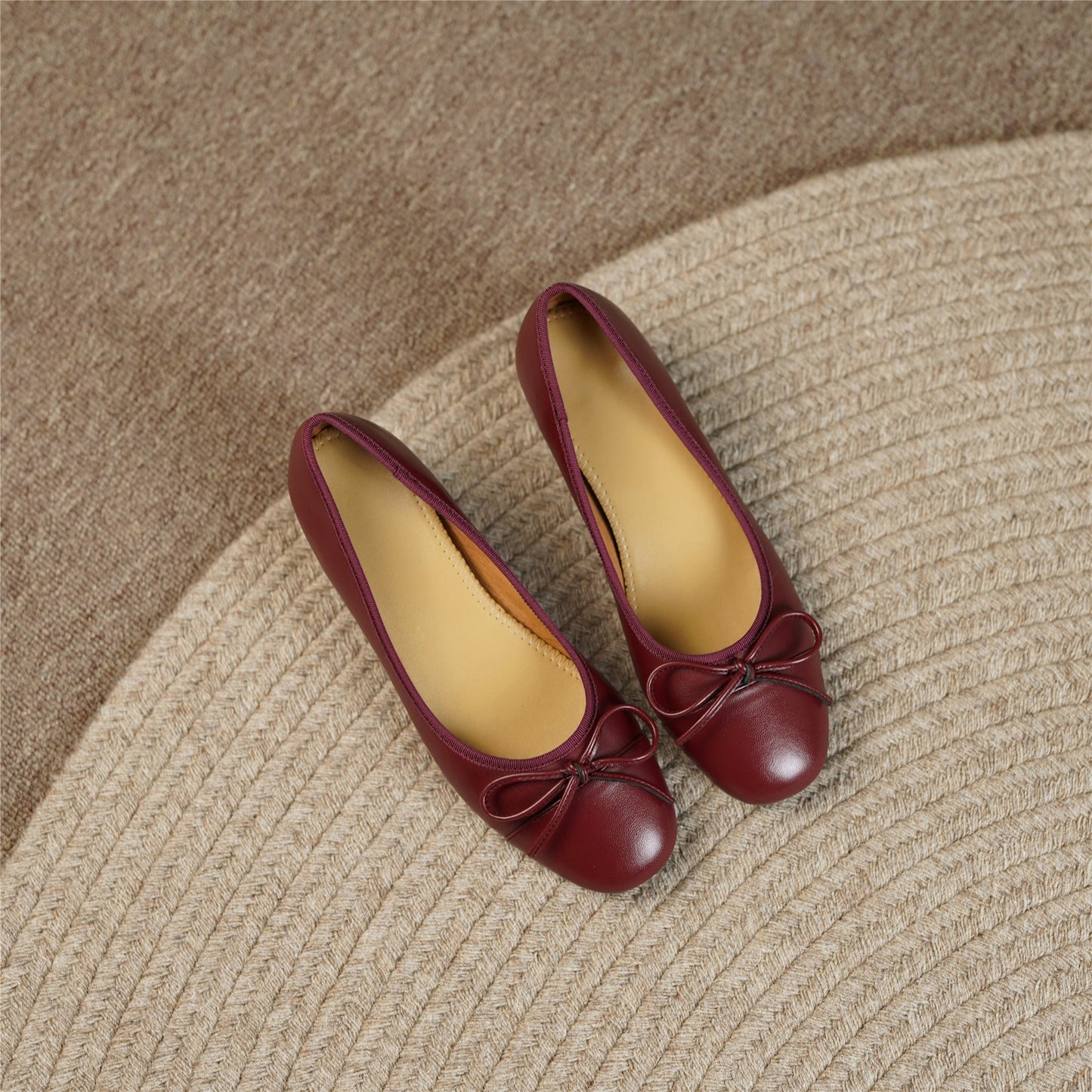 Nine Seven Women's Genuine Leather Handmade Cute Bow Knot Slip On Round Toe Low Chunky Heel Ballet Pumps