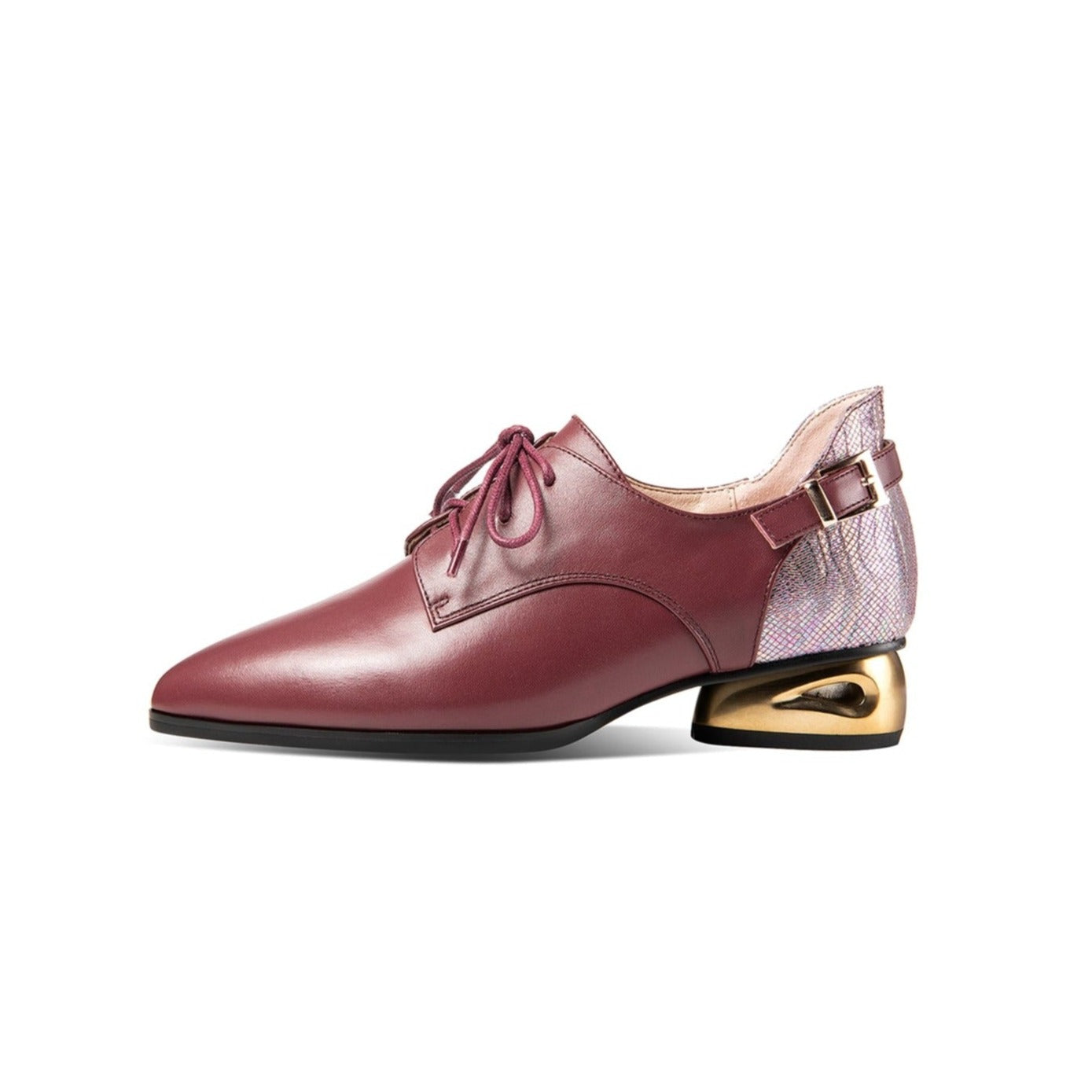 Nine Seven Women's Genuine Leather Handmade Comfortable Low Golden Block Heel Pointed Toe Lace Up Oxford Pumps with Buckle Decor