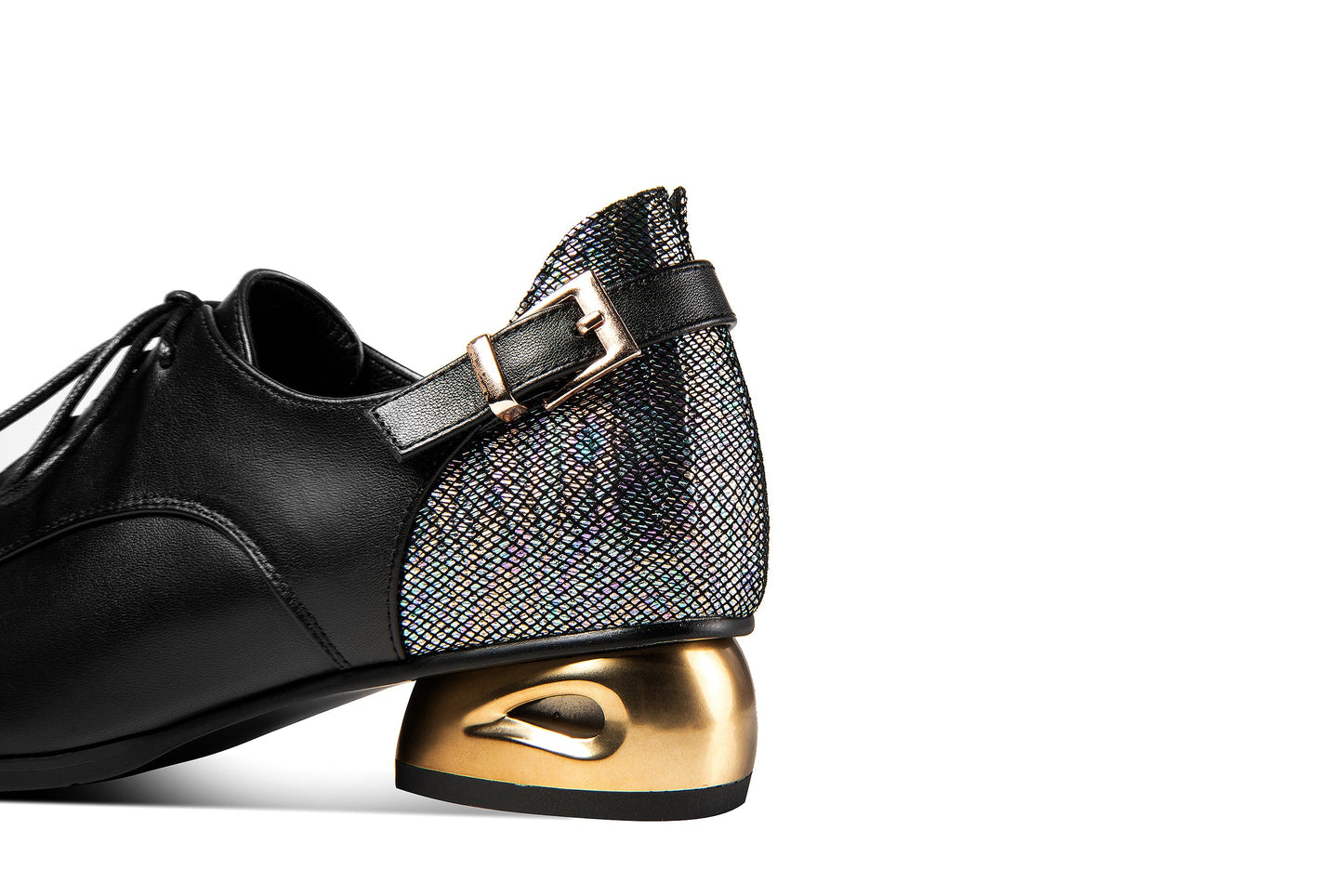 Nine Seven Women's Genuine Leather Handmade Comfortable Low Golden Block Heel Pointed Toe Lace Up Oxford Pumps with Buckle Decor