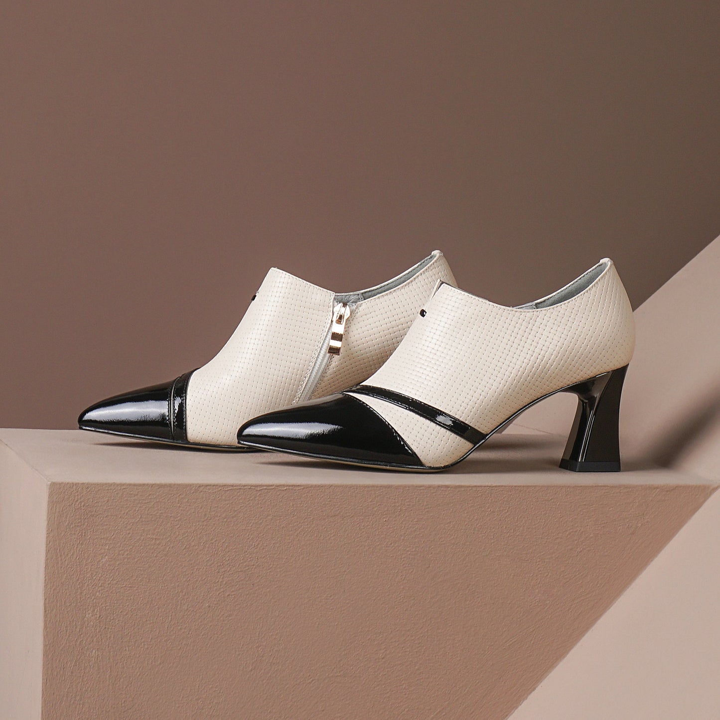 Nine Seven Women's Handmade Genuine Leather Patent Pointed Toe Mid Spool Heel Side Zip Up Modern Pump Shoes