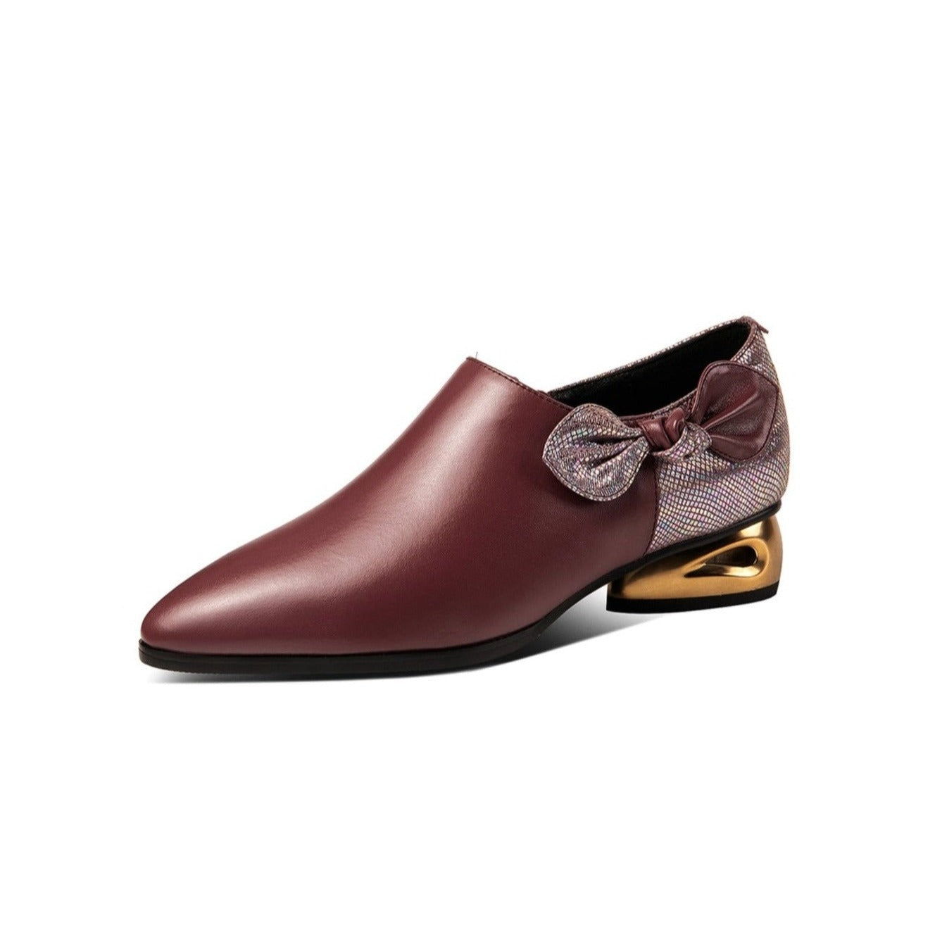 Nine Seven Women's Genuine Leather Handmade Sparkling Pointed Toe Low Chunky Heel Side Zip Up Cute Bow Design Flats Shoes