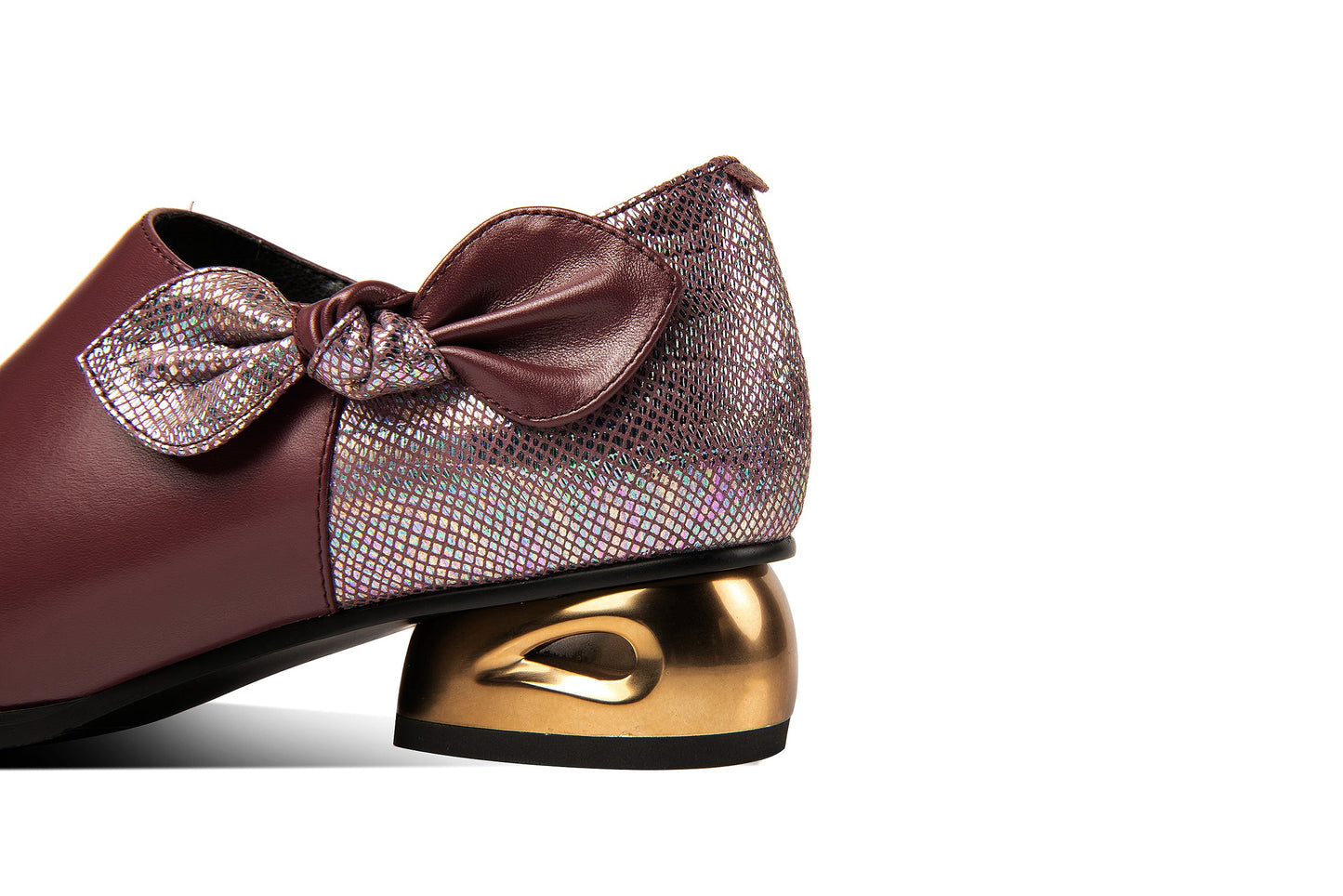 Nine Seven Women's Genuine Leather Handmade Sparkling Pointed Toe Low Chunky Heel Side Zip Up Cute Bow Design Flats Shoes