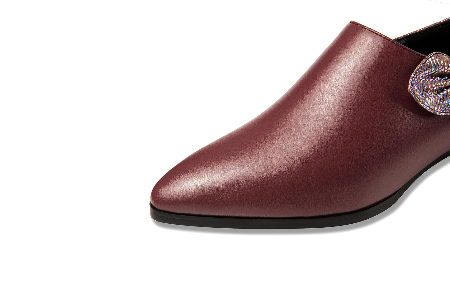 Nine Seven Women's Genuine Leather Handmade Sparkling Pointed Toe Low Chunky Heel Side Zip Up Cute Bow Design Flats Shoes