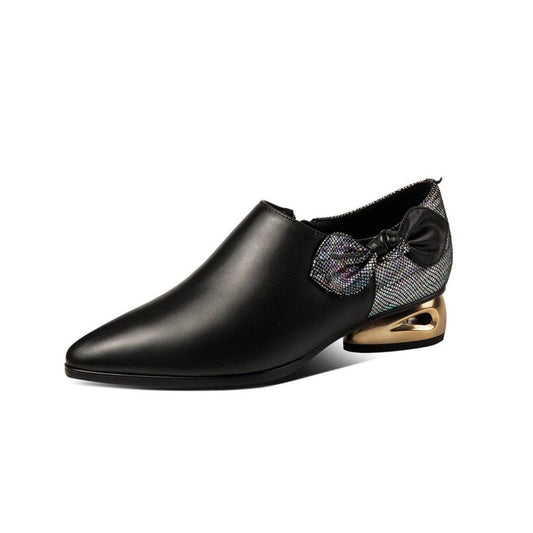 Nine Seven Women's Genuine Leather Handmade Sparkling Pointed Toe Low Chunky Heel Side Zip Up Cute Bow Design Flats Shoes