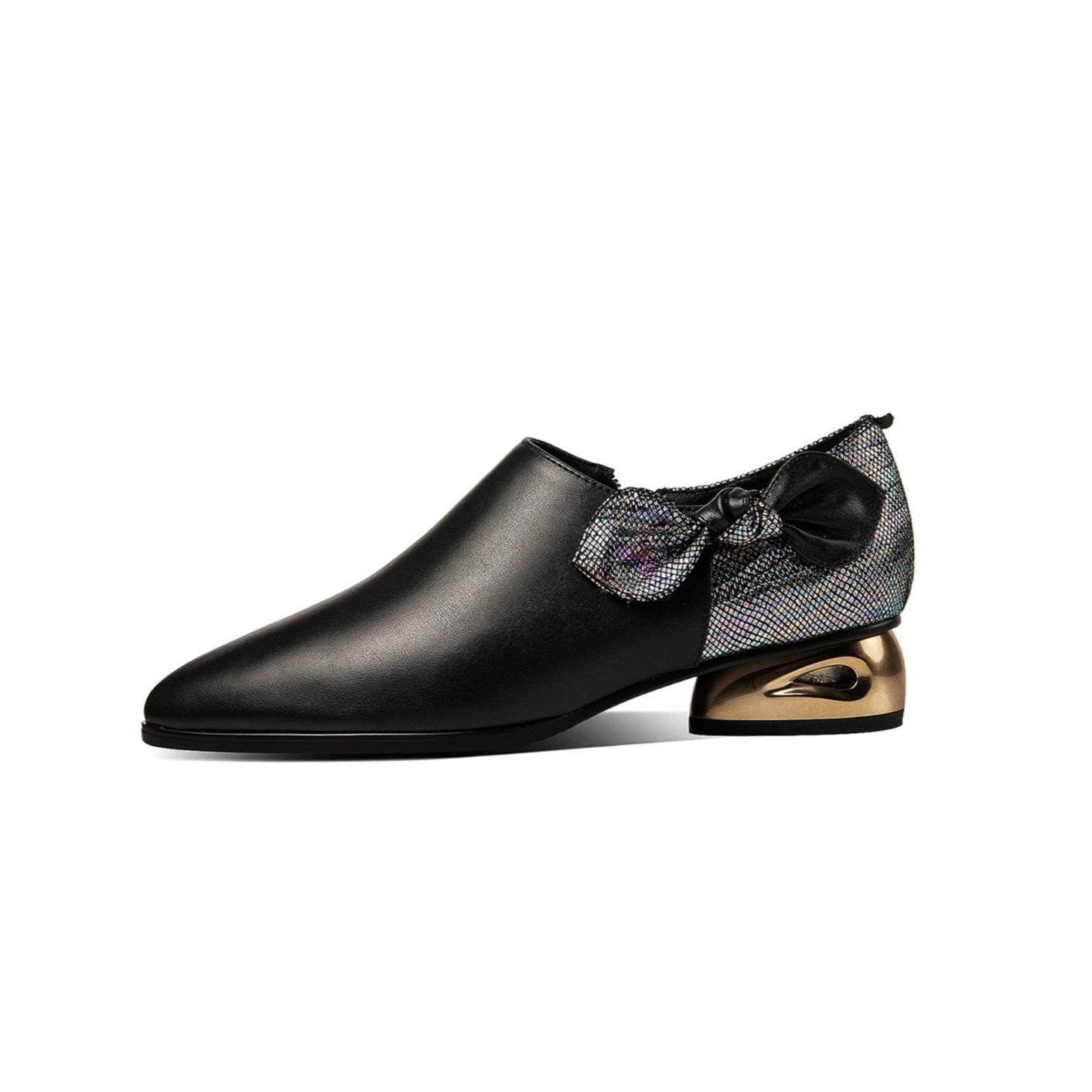 Nine Seven Women's Genuine Leather Handmade Sparkling Pointed Toe Low Chunky Heel Side Zip Up Cute Bow Design Flats Shoes