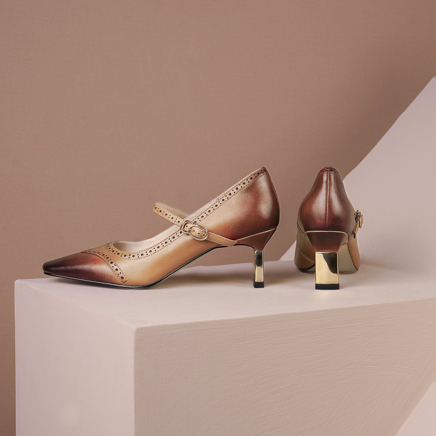 Nine Seven Genuine Leather Women's Handmade Little Square Toe Mental Mid Stiletto Heel Buckle Gradient Color Mary Jane Pump Shoes