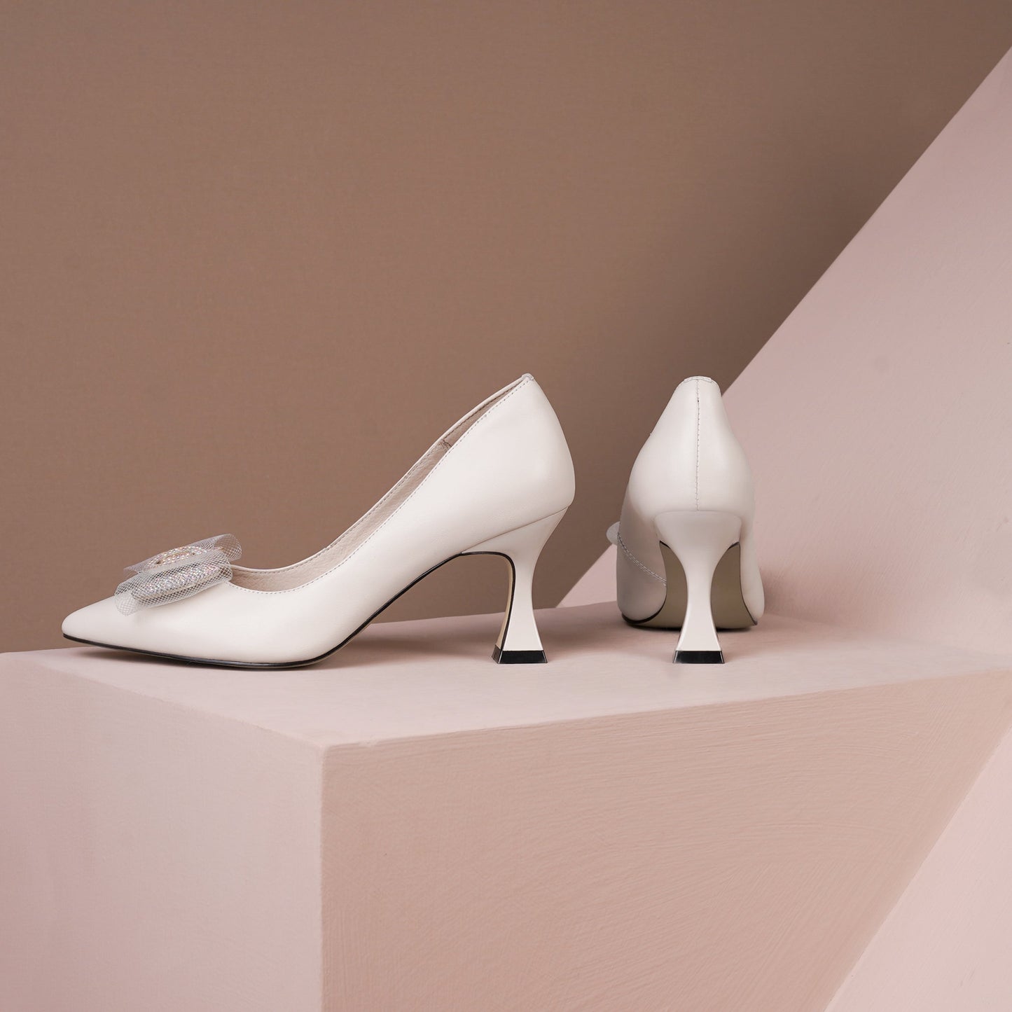 Nine Seven Women's Handmade Genuine Leather Pointed Toe High Spool Heel Easy Slip On Loafer Pump Shoes with Graceful Bow