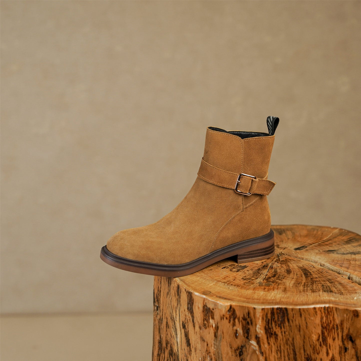 Nine Seven Handmade Women's Suede Leather Buckle Round Toe Low Chunky Heel Side Zipper Ankle Boots Shoes