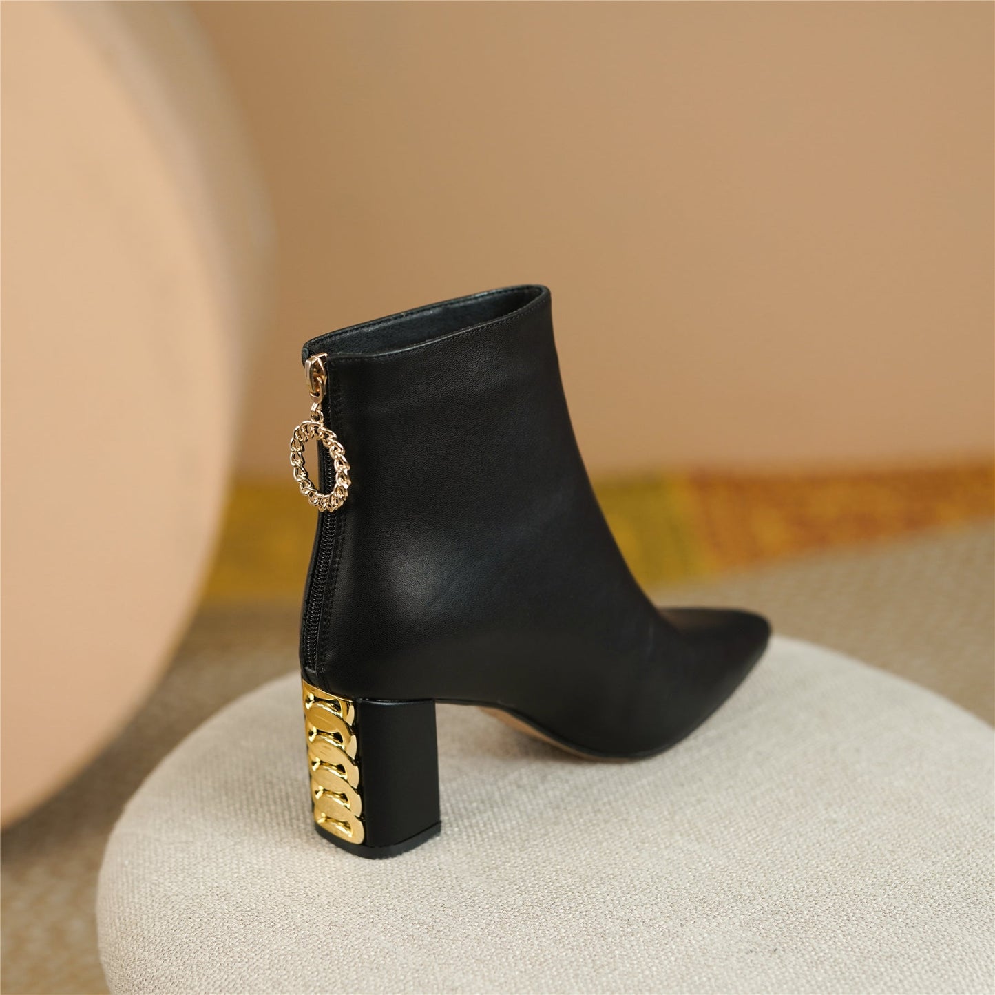 Nine Seven Genuine Leather Women's Handmade Pointed Toe Chunky Heel Ring Shapped Zipper Ankle Boots
