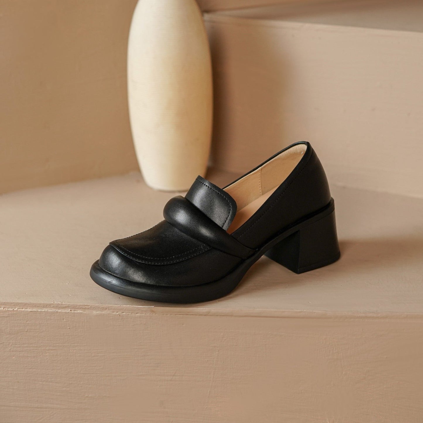 Nine Seven Handmade Women's Genuine Leather Slip On Round Toe Mid Chunky Heel Casual Loafer Pumps Shoes