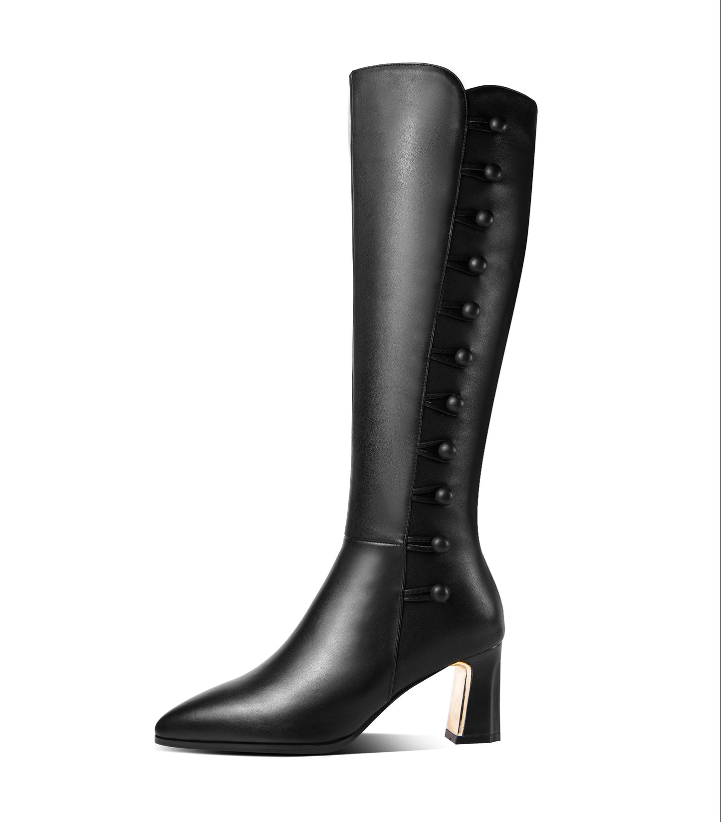 Nine Seven Women's Genuine Leather Handmade Side Zip Up Pointed Toe Mid Chunky Heel Modern Knee High Boots with Buttons Decor